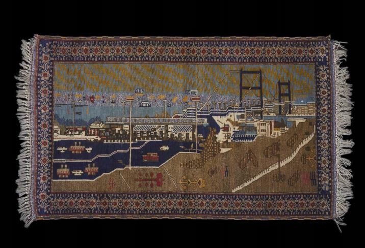 Cityscape Rug with Bridge over the Bosphorus, Knotted wool, Western Afghanistan, Acquired in Europe, mid-1980s, Courtesy of private collection.