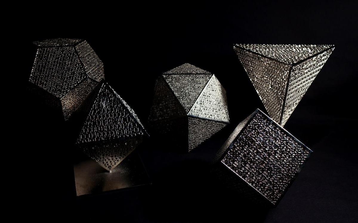 Ashley Zelinskie Platonic Solids, 2016 3D print, copper and nickel plated.